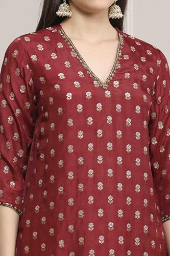 Biba Women Green-Maroon Viscose Gathered Yarndyed Suit Set_38