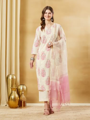 Divena Pink Floral Cotton Round Neck Kurta Sets with Dupatta