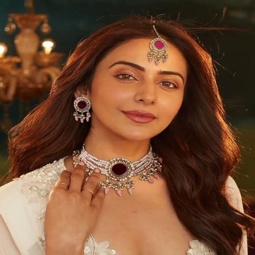 ACCESSHER Gold Plated Kundan & Pearl Pink Choker Set with Earrings and Maangtikka with a Pair of Gold Plated Earring Supporter & Maangtikka Supporter Patch Sticker | For Women & Girls