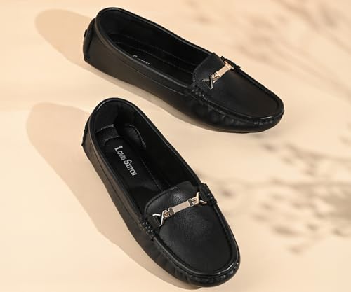 LOUIS STITCH Women’s Black Premium Slip-On Loafers with Buckle | Elegant Solid Slip-On Comfort Shoes for Casual and Formal Wear | Slip-On Loafer Shoes for Women | LSLD-BLR-HS04-JB | UK-5
