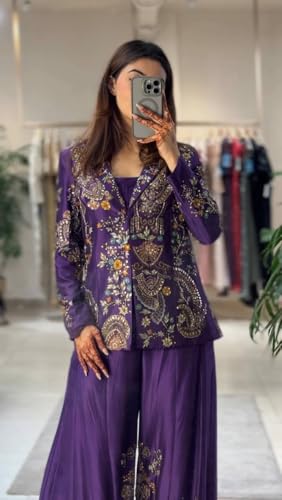 MARUTI FASHION HOUSE Plazzo Set Indo-Western Draped Set For Womens And Girls Ready To Wear Party Koti With Sharara Hevay Apple Chinon Silk Fabric With Work Multi Thread Embroidery Work (Nevy Blue)