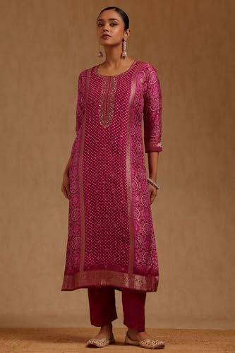 Soch Womens Magenta Dola Silk Bandhani Print Suit Set With Sequins