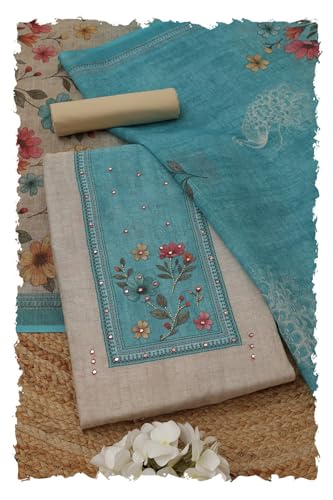 Soch Womens Beige Linen Shimmer Botanical Kantha Embroidered Dress Material With Beads