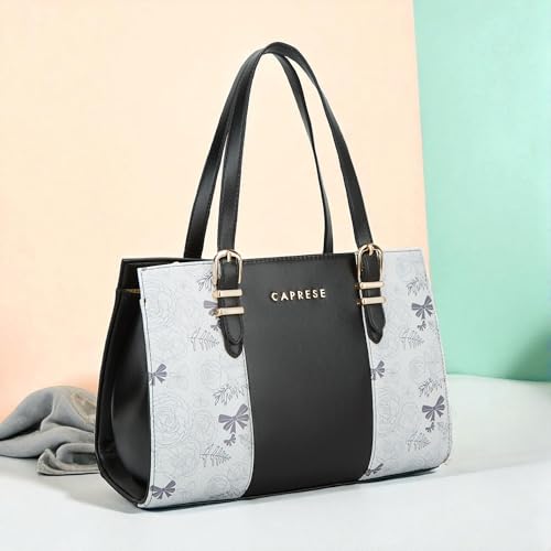 Caprese Scarlet Medium Printed Faux Leather Satchel Bag for Women | Adjustable & Detachable Crossbody Shoulder Strap with Back Zipper Pocket | Multi-Compartment Handbag for Work & Travel (Black)