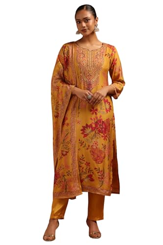 Soch Womens Mustard Muslin Floral Suit Set With Bead Details