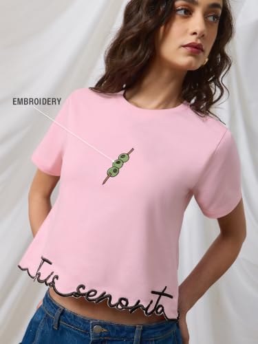 The Souled Store Senorita Women and Girls Short Sleeves Round Neck Pink Embroidered Cotton Regular Fit Lightweight Everyday T-Shirt for Casual Wear