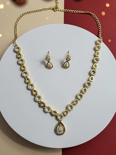 Brado Jewellery Gold Plated Brass Leaf Design American Diamond White Ad Necklace & Earrings Set for Women and Girls | Adjustable Neck Chain Trendy Contemporary Anti Tarnish Western Choker | Party, Wedding and Anniversary (White)