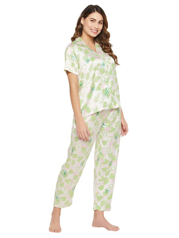 Clovia Women's Crepe Print Me Pretty Button Down Shirt & Pyjama Set in White (LS0385Q18_White_XXL)
