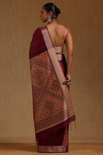 Soch Womens Wine Tussar Botanical Printed Saree