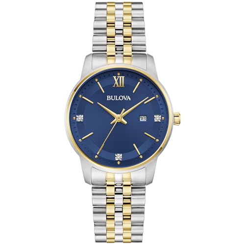 Bulova Ladies Classic 3-Hand Diamond Quartz Two-Tone Stainless Steel Watch, Blue Dial, 98P233