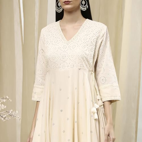 Biba Women Off-White Cotton Schiffli Anarkali Suit Set_42