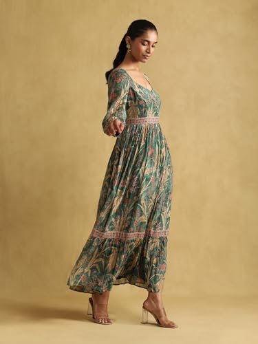Ritu Kumar Green Botanical Print Chanderi Dress