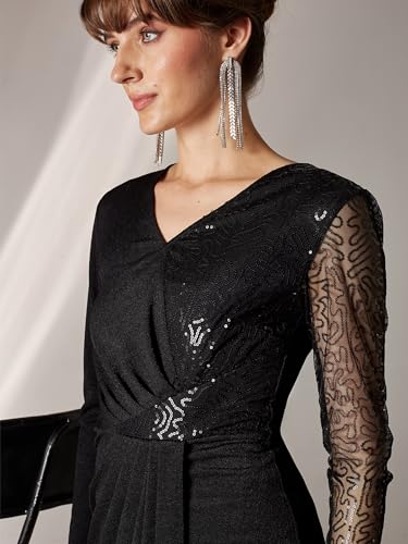 Miss Chase Women's V-Neck Full Sleeve Embellished Pleated Longline Dress (MCAW25D88-40-62-03, Black, S)