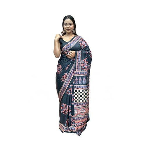 SHANTVAN GALLERY Crepe Silk Sarees for Women Crepe | Designer Printed Women Saree with Unstitched Blouse Piece | Soft Lightweight Crepe Saree (Black Peach Ethnic)