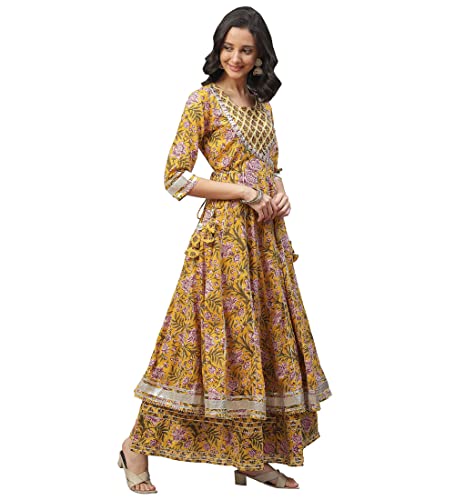 Limedivaa Mustard Cotton Anarkali Kurta Palazzo Set With Dupatta