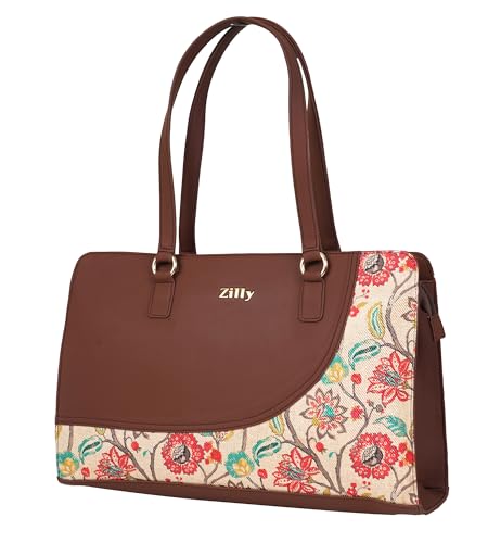 Zilly Women’s Office Essential Tote Bag |Handcrafted Vegan Leather | Elegant Work & Laptop Shoulder Bag | Malligai Blossom pattern