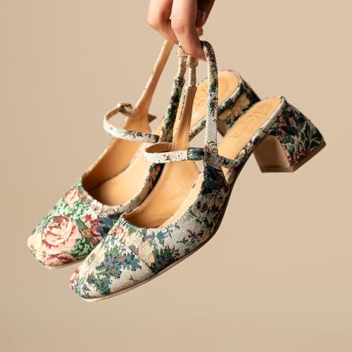 Theater Women Twiggy Multi-Color Floral Mary Jane Heels | Square Toe Slingback Block Heel Sandals with Adjustable Strap | Comfortable & Stylish Shoes for Office, Party & Casual Wear