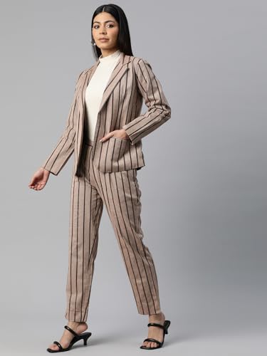 Cottinfab Women Striped Coffee Brown Notched Lapel Blazer Suit Set