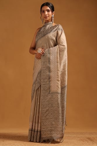 Soch Womens Grey Tussar Floral Embroidered Saree