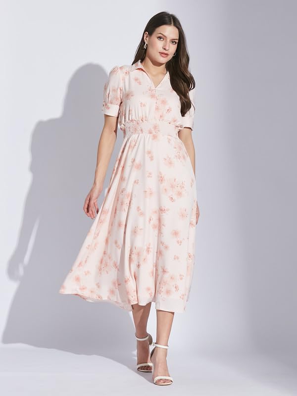 Latin Quarters Women Pink Shirt Collar Half Sleeve Floral Dress_M