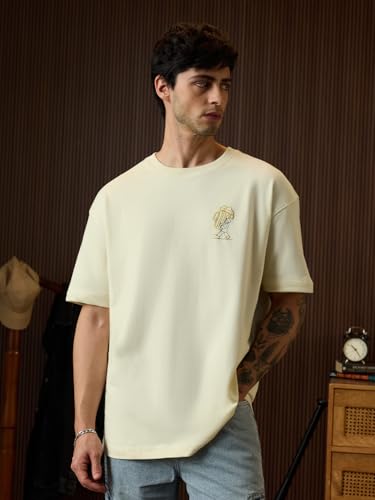 The Souled Store Oversized T-Shirt: Drinking Men and Boys Short Sleeve Round Neck Off White Graphic Printed Funny Slogan Casual Lightweight Drop Shoulder Streetwear Trendy Oversized T-Shirts