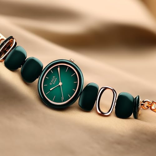 Titan Raga Ceramics Quartz Analog Green Dial Two Toned Rose Gold and Green Metal Strap Watch for Women - NS95146KD02