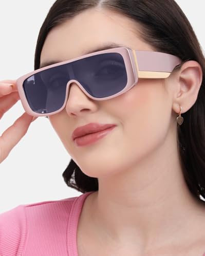 Carlton London Pink and Gold Toned with Blue Polarised Lens Shield Sunglass for women