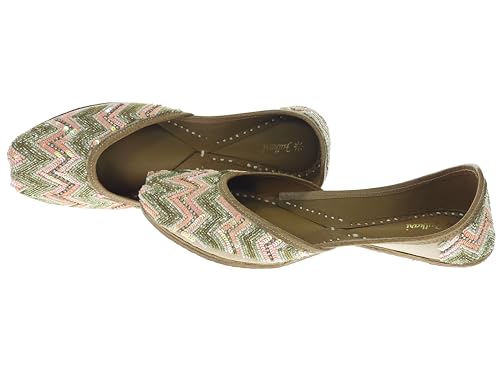 Fulkari Women's Zigzag Peach Gold Soft Leather Embroidered Jutis | Bite and Pinch Free Jutti | Punjabi Formal Juttis | Girl's Wedding Flat Mojari | Formal Ethnic Juti | 36
