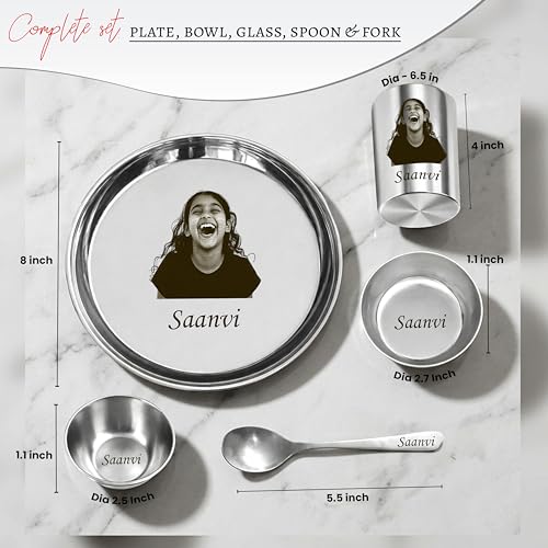 Savri Personalized Stainless Steel Dinner Set for Kids –Custom Laser Photo Printed Plate, Bowl,Glass & Spoon with Name & Cartoon Design | 5-Piece Kids Meal Set | Birthday, Return & Daily Gift (Silver)
