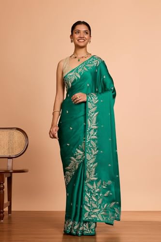 Taneira Women Green Viscose Satin Embroidered Saree With Unstitched Blouse Piece (SAPP07AC5305-Green)