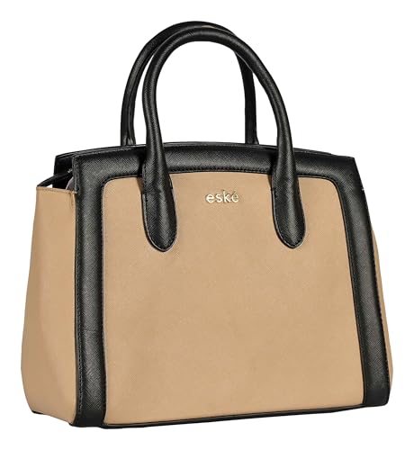 eske Avila Compact Handbag for Women Vegan Saffiano Leather Satchel with Slider Clasp Zip and Slip Pockets Padded Handles Adjustable Sling Strap Small Office Purse (Stone)