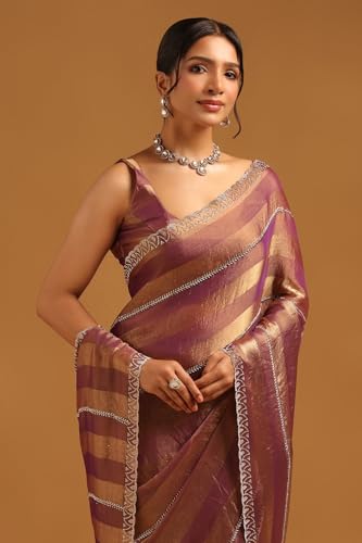 Soch Womens Purple Fendy Chiffon Striped Saree With Cutdana