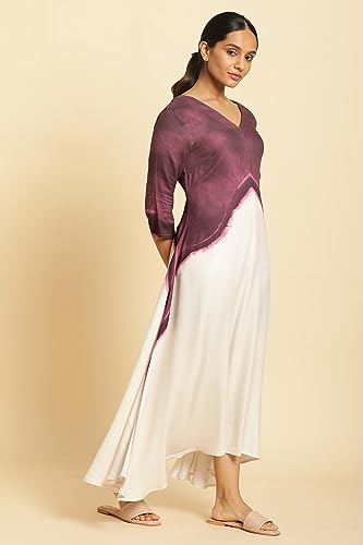 W for Woman Women's Rayon Purple and White Placement Print Asymmetrical Dress Ankle Length 23FEW18770-120815_Grape Juice