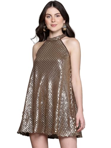 Label RITU KUMAR Halter Neck Sequins Short Dress Brown