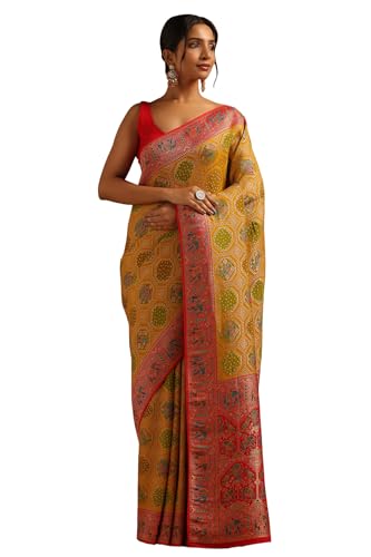 Soch Womens Mustard Georgette Bird Motifs Saree With Zari Woven