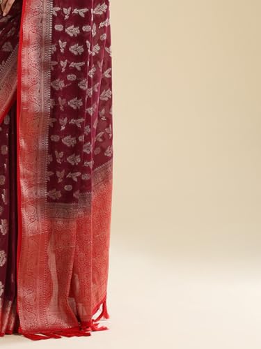 AKHILAM Women's Maroon Georgette Floral Printed Saree With Unstitched Blouse Piece (66ALEKHA6601_NV)