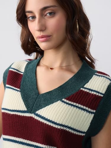 The Souled Store Sweater Vest: Newport Women and Girls Sleeveless V-Neck Striped Acrylic Regular Fit Lightweight Breathable Sweater Vest
