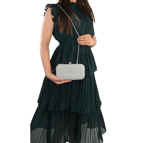 DUCHESS Women's Velvet Pearl Box Clutch with Detachable Chain Sling Strap - Hand Clutch Wallet Purse for Wedding Party, Casual (Silver,7 x2x 4 inches)