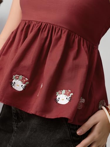 The Souled Store Hello Kitty: Strawberry Embroidery Women and Girls Sleeveless Square Neck Maroon Embroidered Cotton Linen Blend Regular Fit Lightweight All-Season Everyday Peplum Top