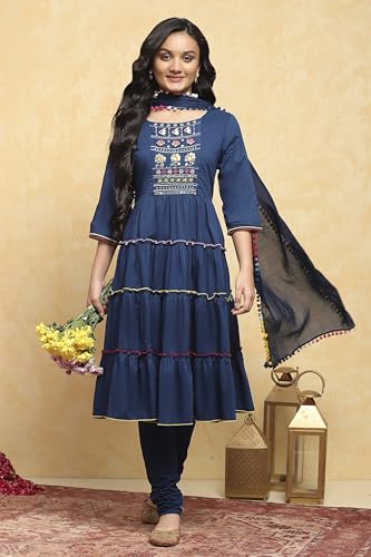 BIBA Girl's Navy Blue Cotton Tiered Solid Suit Set