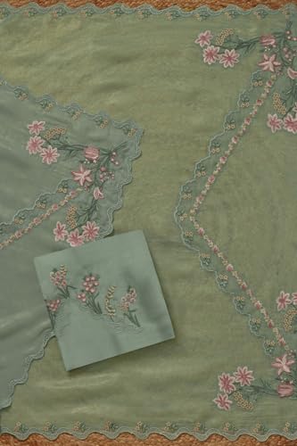 Soch Womens Turquoise Blue Organza Shimmer Embroidered Unstitch Dress Material With Thread Work