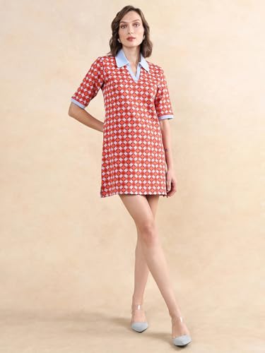 Rareism Women's Cotton Ribbed Collar Geometric Print Midi Relaxed Fit Dress