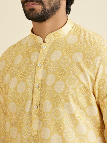 Manyavar Men's Cotton Blend Circular Bandhani Prints Kurta Pyjama Set(Yellow,M)