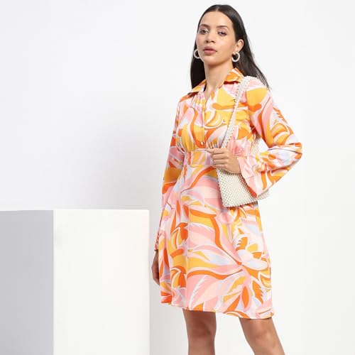 Madame Cinch Waist Abstract Print Bell Sleeves Orange Dress