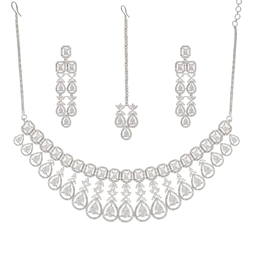 Khannak Rhodium-Plated with White American Diamond studded Necklace,Maang tikka and Drop Earrings Jewellery Set for women |Bridal Jewellery set (white)