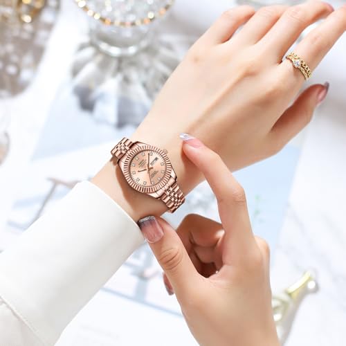 NIBOSI Watches for Woman Analog Quartz Stainless Steel Diamond Rose Gold Green Small Dial Women Watches Classic Wrist Watch Date Waterproof (A06-Rose Gold)