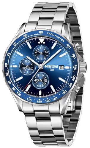 NIBOSI Chronograph Quartz Premium Classic Wrist Watches for Men, Formal Stainless Steel Metal Chain Men’s Watch with Date and Luminous Function Gift for Men (Silver-Blue)