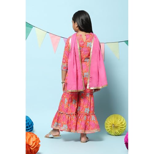 BIBA Girl Cotton Printed Relaxed Kid(Kw4783_Orange_5), Straight Kurta Garara Suit Set
