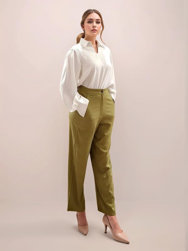 Zink London Women's Green Solid Full Length Trouser