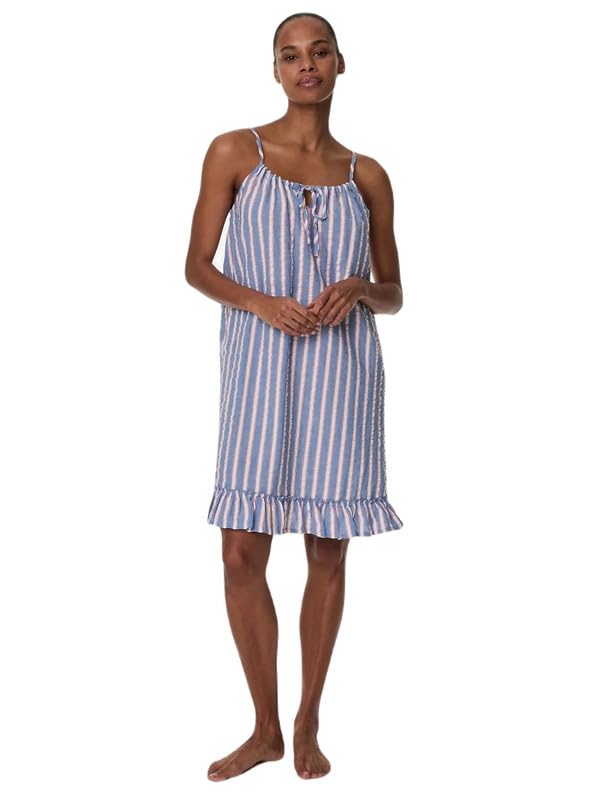 Marks & Spencer Pure Cotton Waffle Striped Chemise Bright Blue